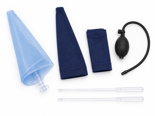 The Carrot Splint full kit: Carrot, two cloth covers, inflator bulb and two placement wands